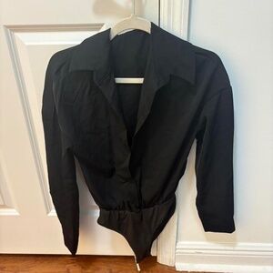 Black long sleeve button up blouse with a unique collar